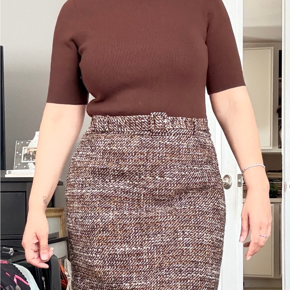 Theory Brown Tweed Belted Pencil Skirt